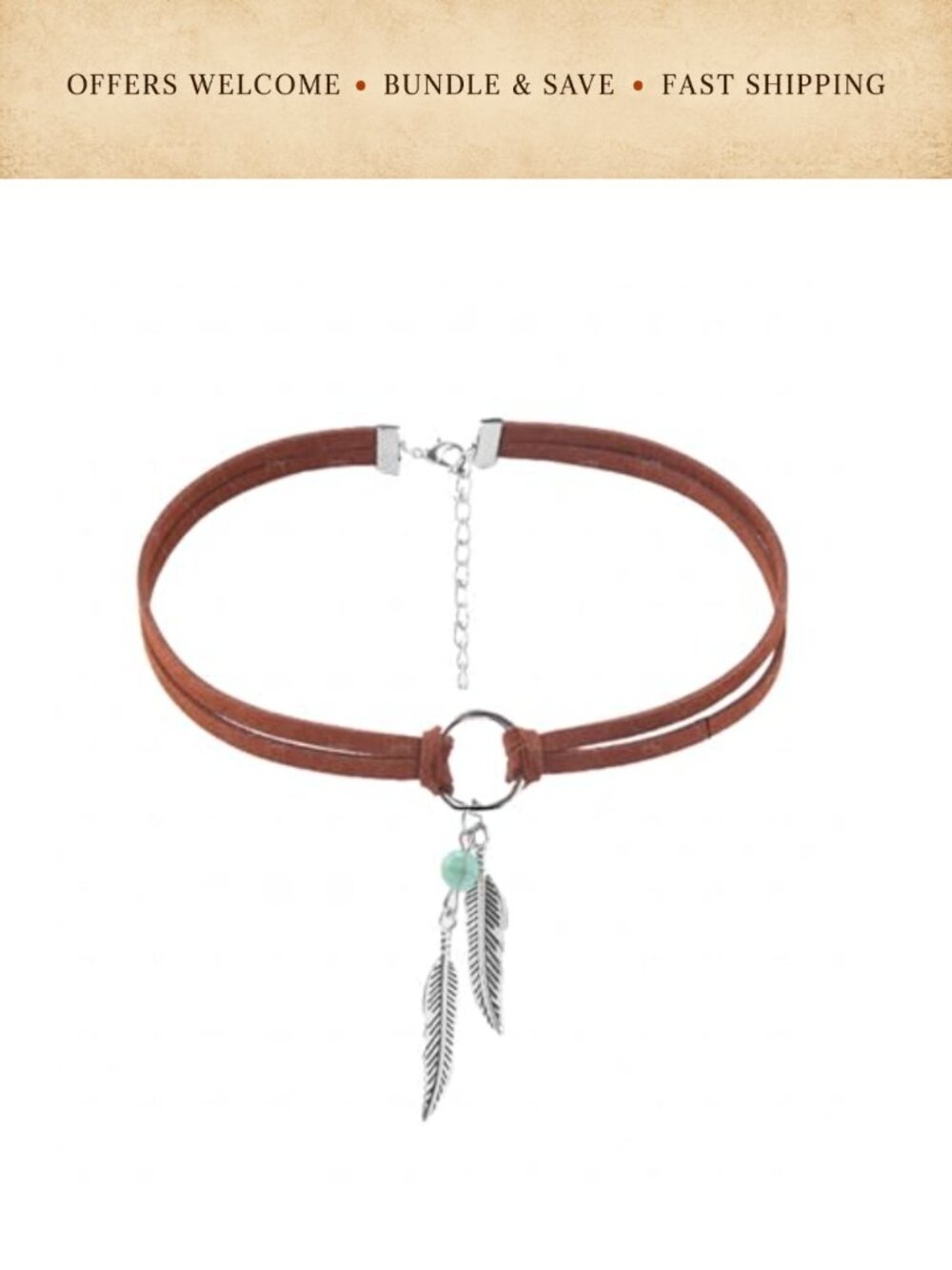 Boho Feather Turquoise Leather Choker Necklace Western Layered